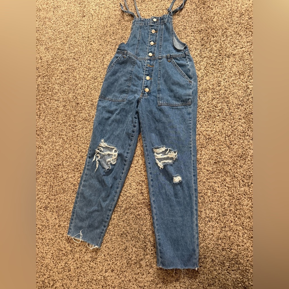 Forever 21 Blue Distressed Denim Overalls